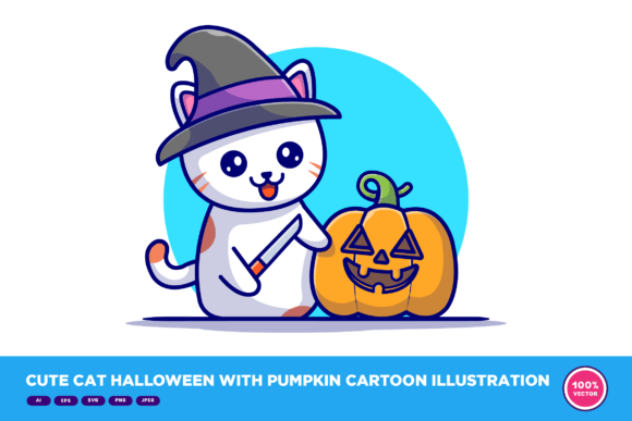 Cute Cat Halloween with Pumpkin Embroidery