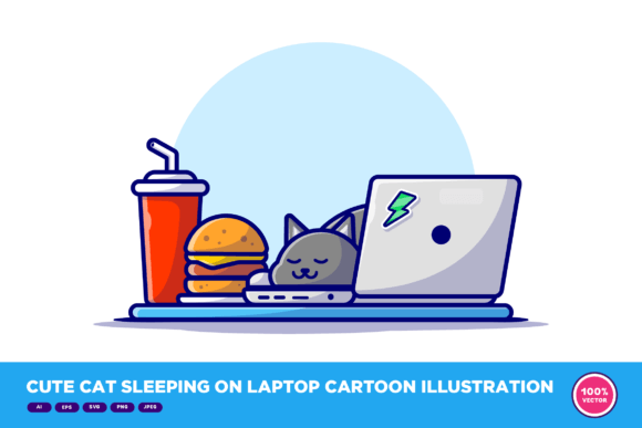 Cute Cat Sleeping on Laptop Cartoon Review