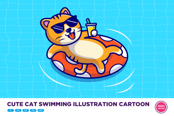 Cute Cat Swimming Illustration Cartoon