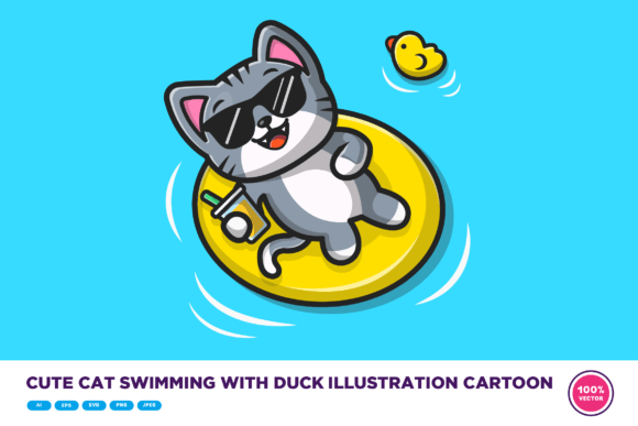 Cute Cat Swimming with Duck Illustration Review